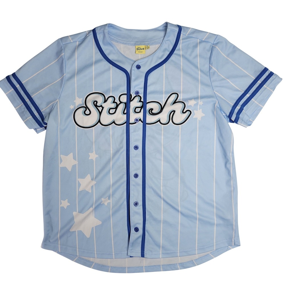 Disney Stitch Baseball Jersey‎ Shirt Light Blue Stars Striped XL